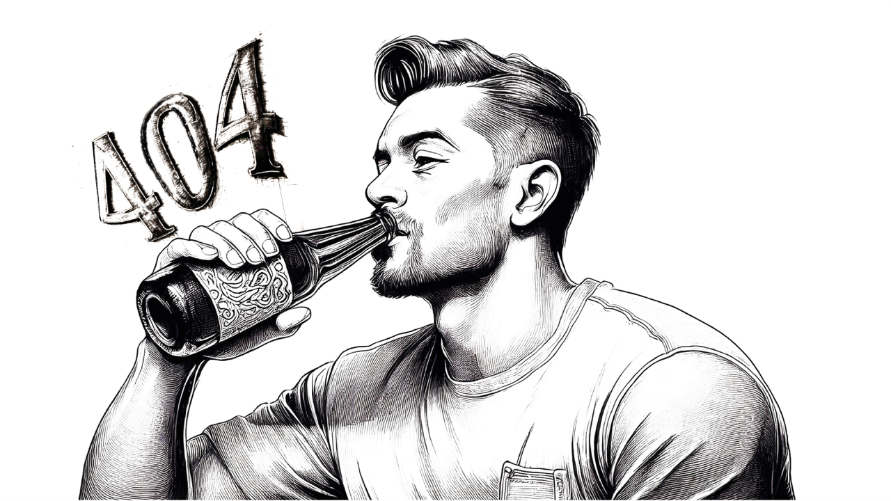A man is drinking from a stylized bottle; the numbers 404 are written above the bottle.