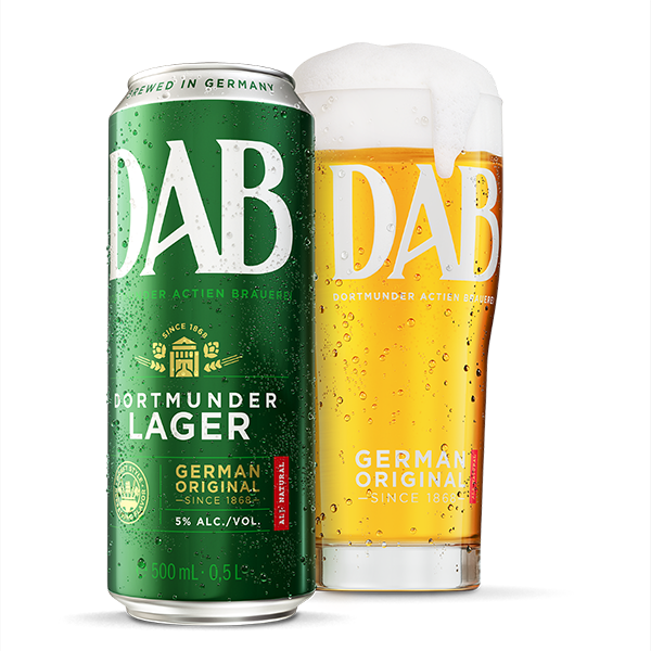 A green beer can next to a glass filled with golden lager and topped with foam. Both display the same beer brand logo.