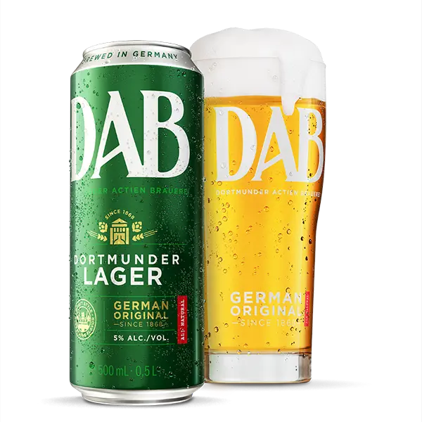 A green beer can next to a glass filled with golden lager and topped with foam. Both display the same beer brand logo.
