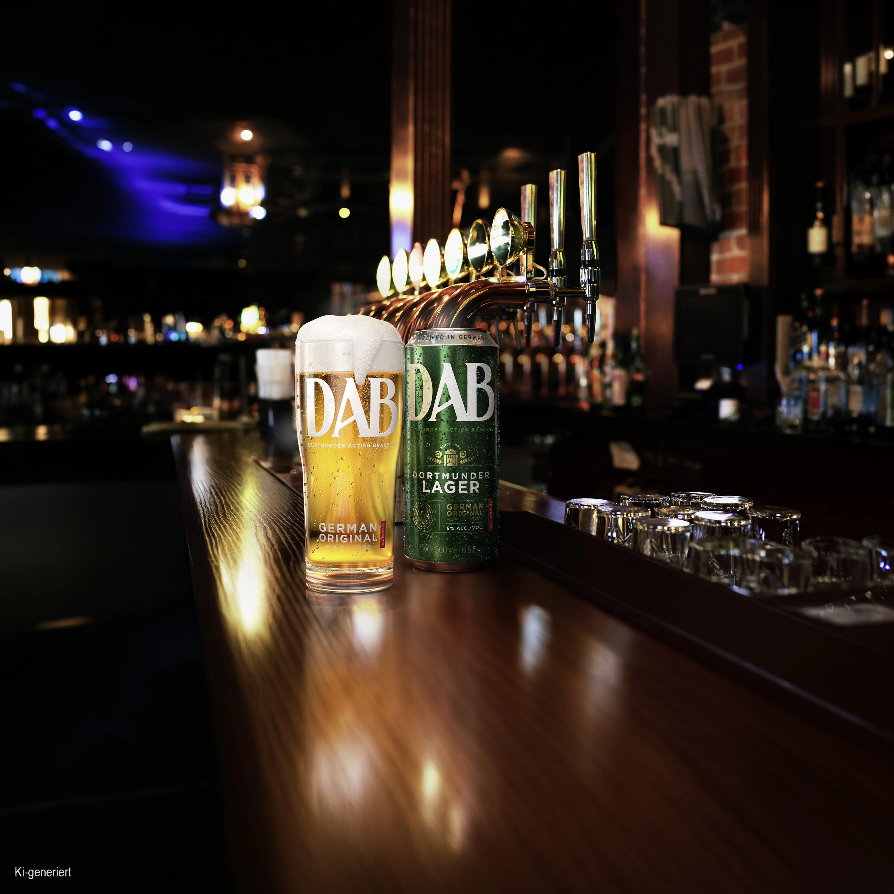 A beer glass with foam next to a can of DAB beer on a wooden counter. In the background, a cozy bar atmosphere and beer taps.