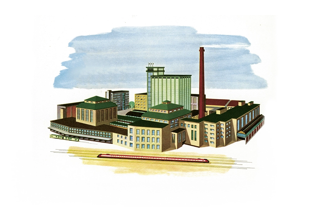 Illustration stylisée d’un grand complexe industriel de brasserie avec des toits verts et une cheminée rouge. Un train rouge passe au premier plan.