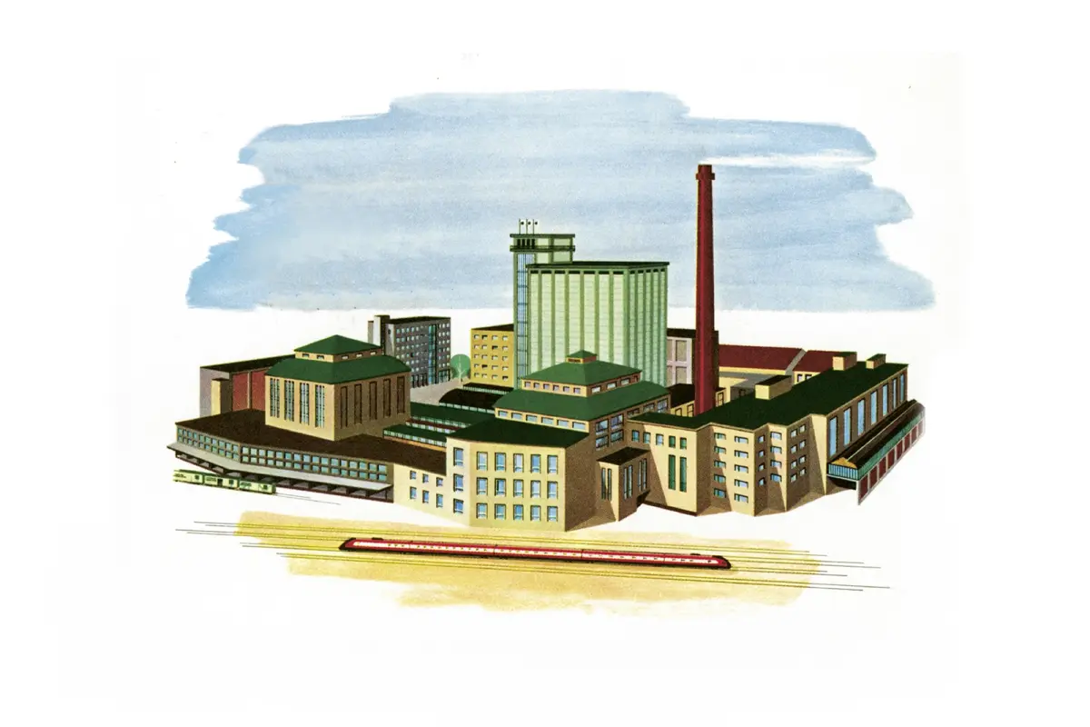 Illustration stylisée d’un grand complexe industriel de brasserie avec des toits verts et une cheminée rouge. Un train rouge passe au premier plan.