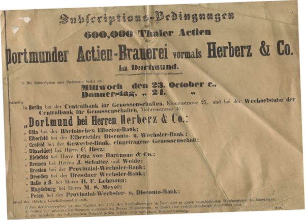 Une ancienne publicité pour les actions de la Dortmund Actien-Brauerei, abîmée sur les bords et décolorée par le temps.
