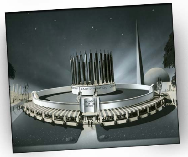 Un bâtiment circulaire orné de piliers verticaux, vu de nuit sous un ciel étoilé, surmonté d'une flèche élancée et imposante.