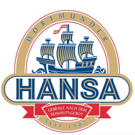 Un emblème rouge, bleu et blanc représente un grand voilier au-dessus du mot « Hansa ».