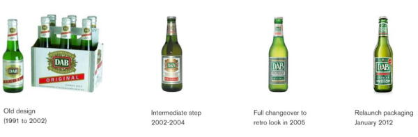 Une canette de bière verte et un verre rempli de DAB Export sont placés côte à côte. Du texte blanc avec des accents rouges apparaît sur un fond vert.