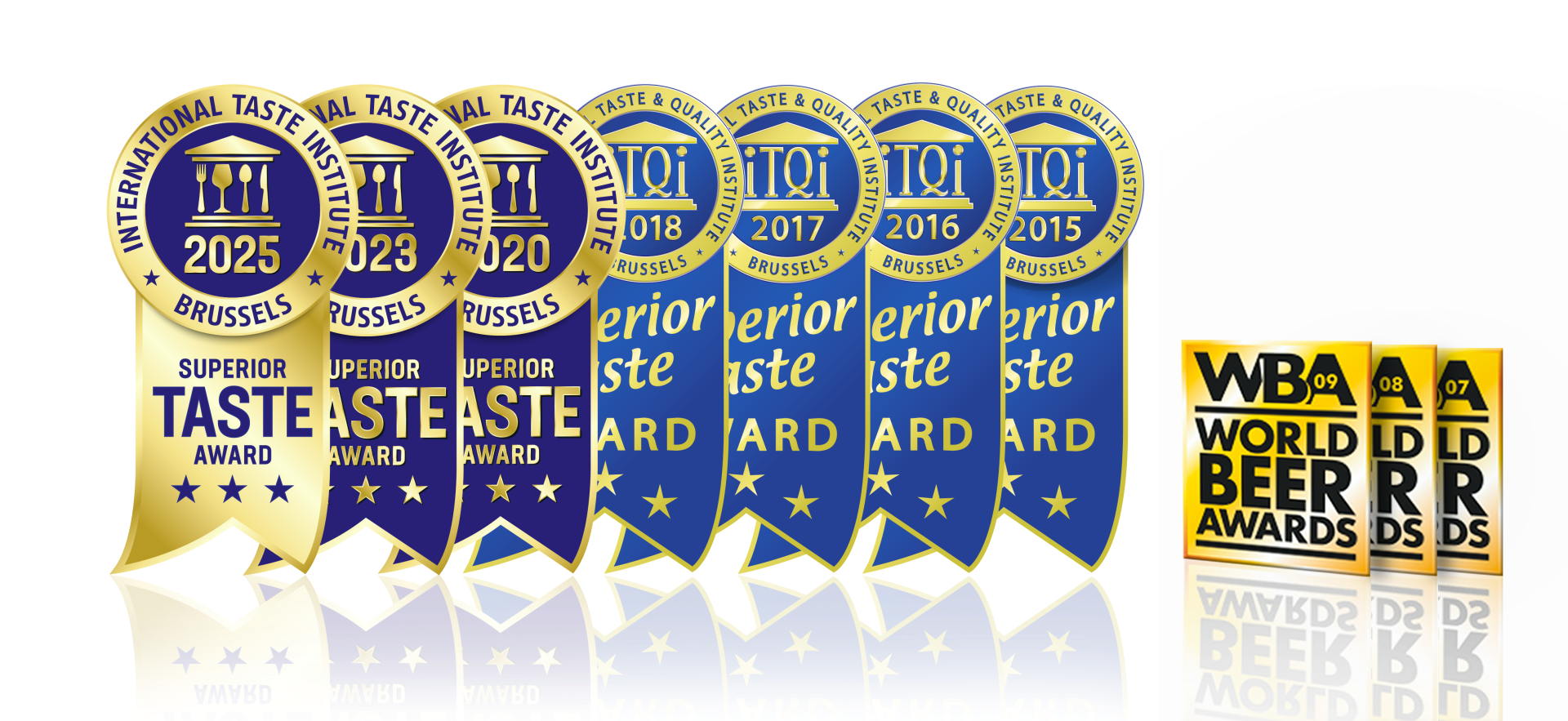 Seven blue and gold award ribbons display years from 2015 to 2025, each marked with Superior Taste Award. To the right of the award ribbons, three gold badges show the years 2007 to 2009, each marked with World Beer Awards.