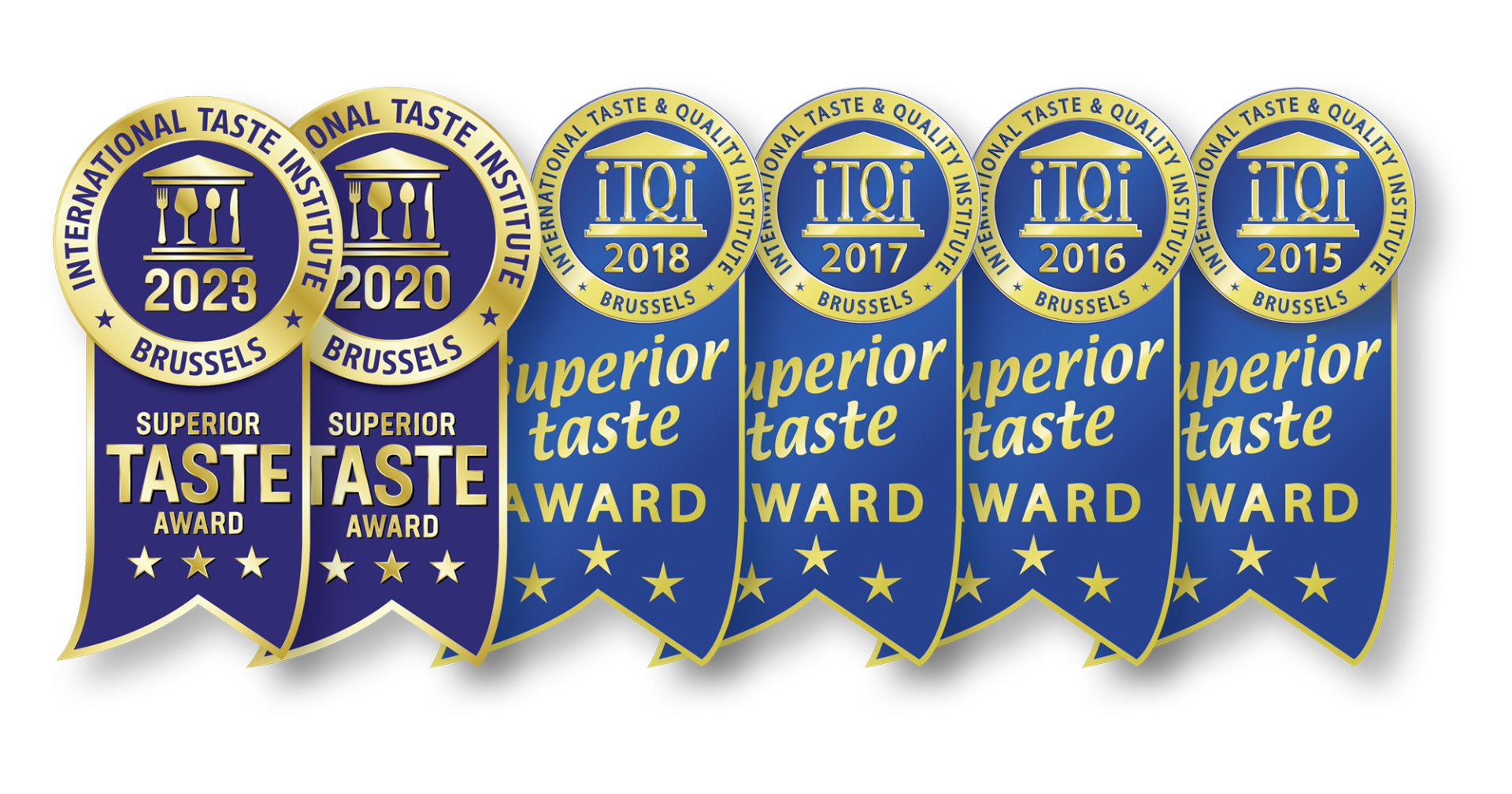 Six rubans de récompense bleu et or affichent les années de 2015 à 2023, chacun portant la mention « Superior Taste Award ».