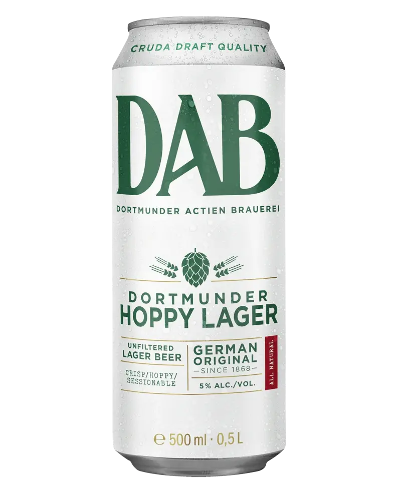 White DAB Hoppy Lager can with green lettering, hop graphics and water droplets.