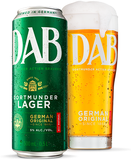A green beer can next to a glass filled with golden lager and topped with foam. Both display the same beer brand logo.