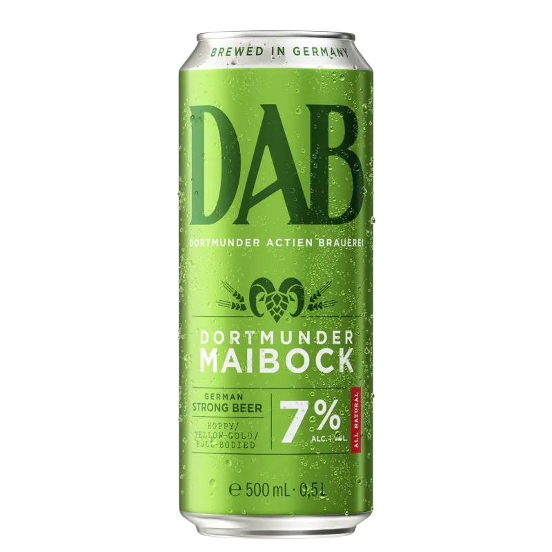 Une canette de bière verte avec de la condensation arbore le texte "Dortmunder Maibock" et précise qu'il s'agit d'une bière forte à 7 %.