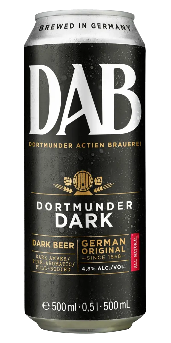 Une canette de bière Dortmunder Dark de la brasserie DAB, brassée en Allemagne.