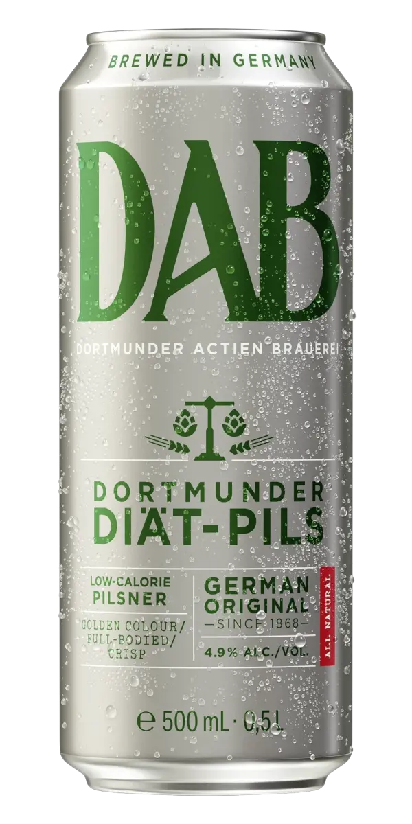 Une canette de bière Dortmunder Diät-Pils de la brasserie DAB, brassée en Allemagne.