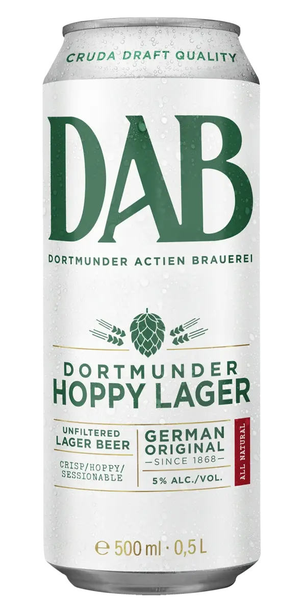 A can of Dortmunder Hoppy Lager beer from the DAB brewery, brewed in Germany.