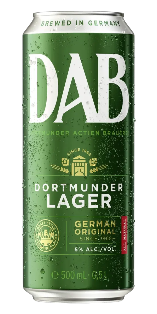 Une canette de bière Dortmunder Lager de la brasserie DAB, brassée en Allemagne.