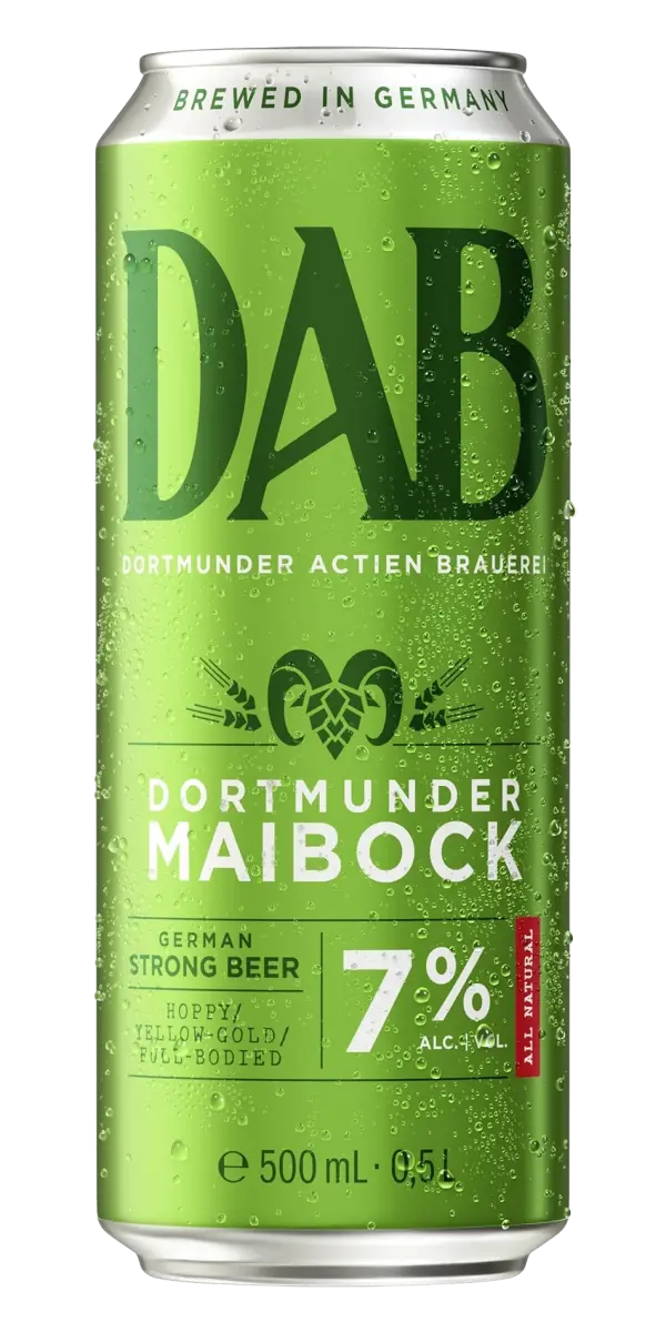 Une canette de bière Dortmunder Maibock de la brasserie DAB, brassée en Allemagne.