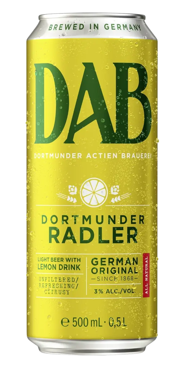 Une canette de bière Dortmunder Radler de la brasserie DAB, brassée en Allemagne.