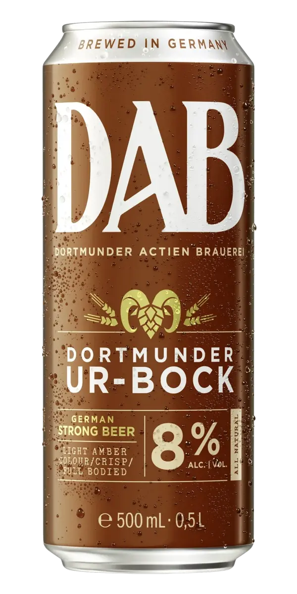 Une canette de bière Dortmunder Ur-Bock de la brasserie DAB, brassée en Allemagne.