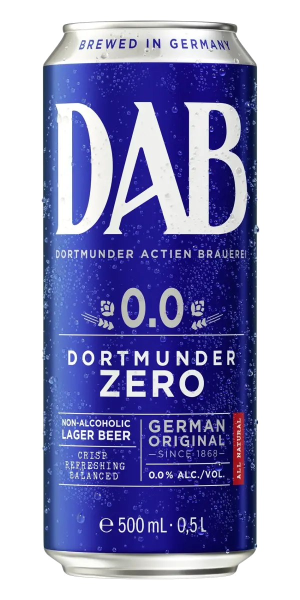Une canette de bière Dortmunder Zero de la brasserie DAB, brassée en Allemagne.
