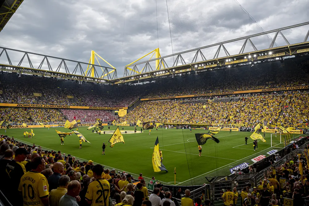Un stade bondé avec des fans en jaune et noir, de grands drapeaux flottant lors d’une journée ensoleillée.